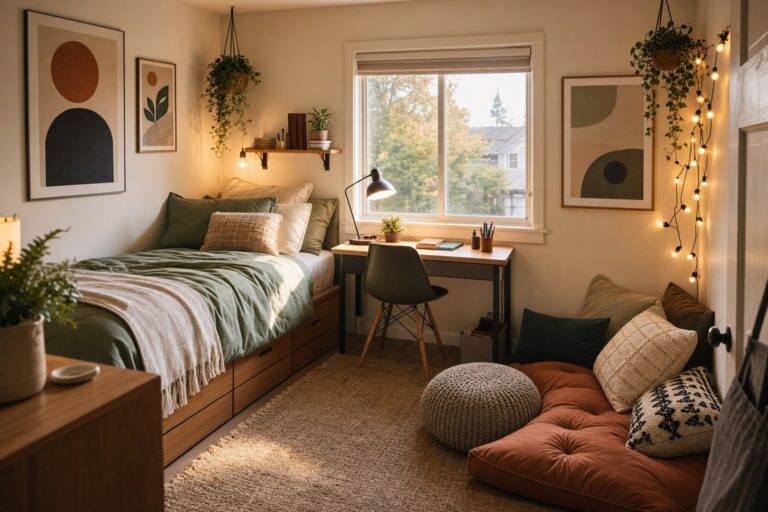 Small teen bedroom fitting three zones: a made bed with layered bedding, a narrow desk with a task lamp by the window, and a floor-cushion corner under string lights.