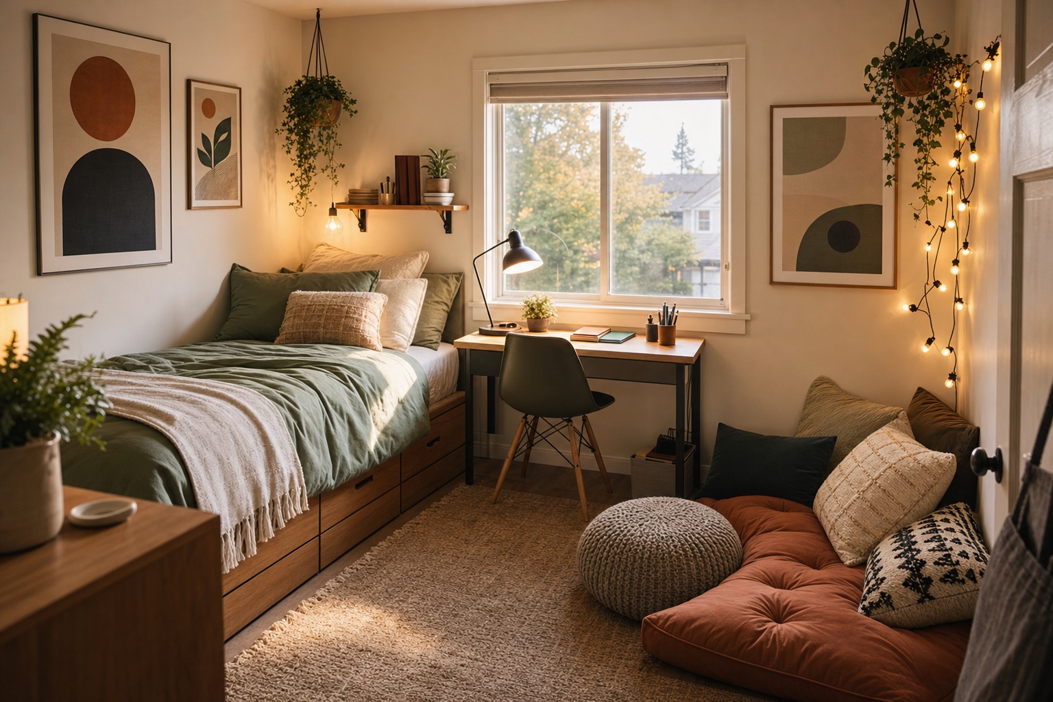 Small teen bedroom fitting three zones: a made bed with layered bedding, a narrow desk with a task lamp by the window, and a floor-cushion corner under string lights.