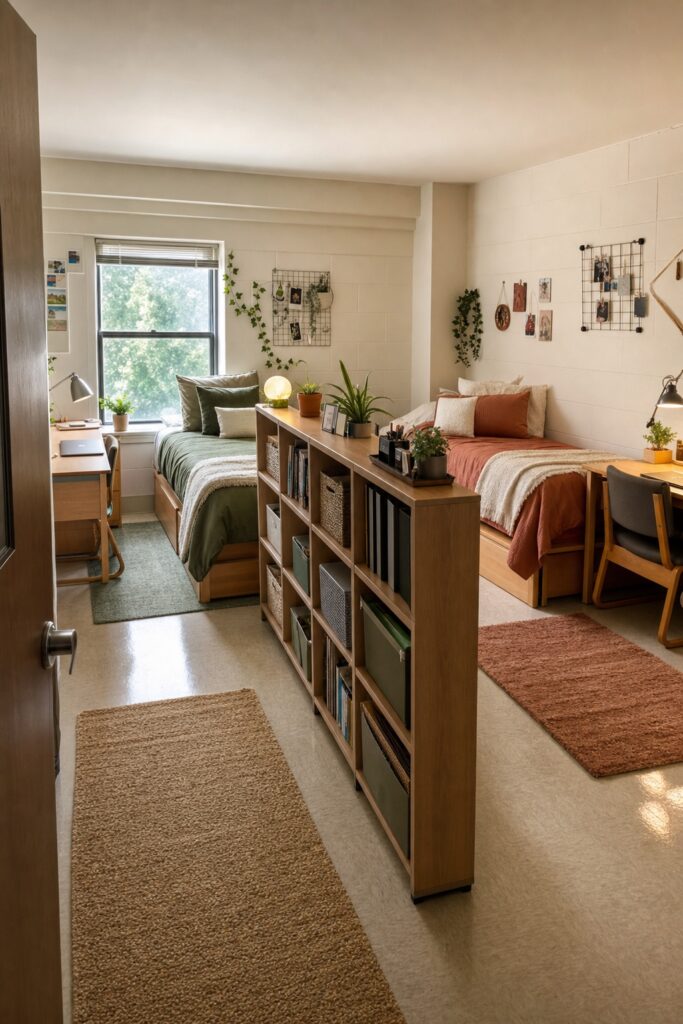 Split dorm layout: a waist-high freestanding bookcase dividing the room into two personal halves, each with its own bed, desk, and lamp.