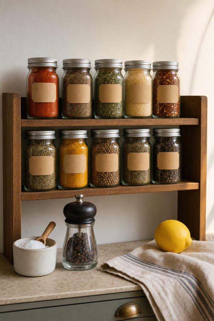 Starter spice shelf in a first apartment: ten matching glass jars with blank kraft labels on a small wood rack, with a salt cellar and pepper grinder in front.