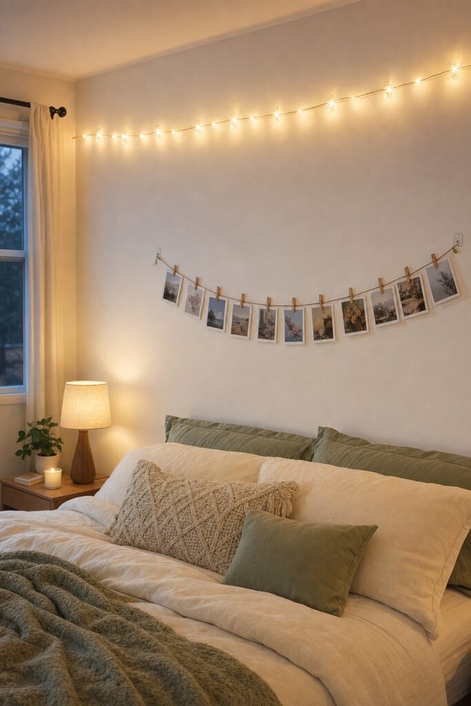 Warm string lights on small clear adhesive hooks above a photo garland in a rental bedroom