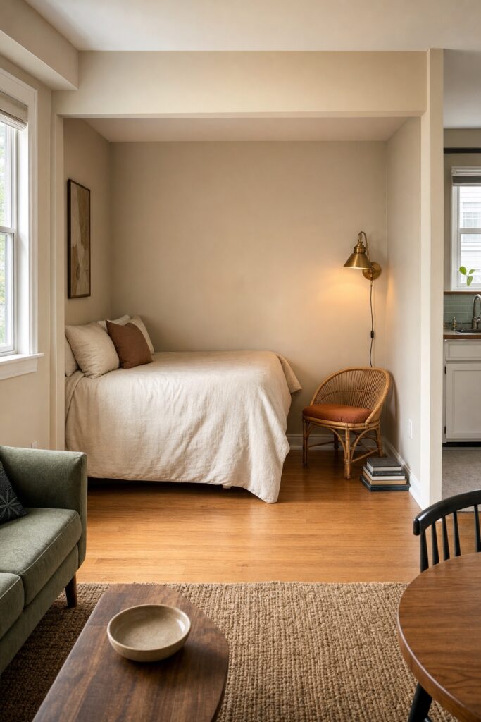 Bed turned sideways in a wide studio alcove with a low chair lamp and books using the leftover width