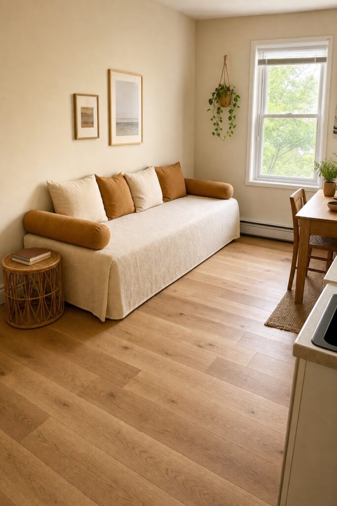 Full bed turned lengthwise against a studio wall with cushions along the back so it reads as a daybed