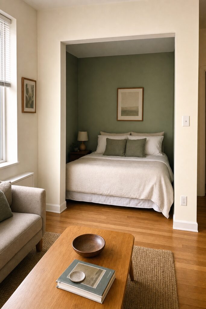 Bed sitting inside a three-walled alcove of a studio apartment with the main room visible alongside
