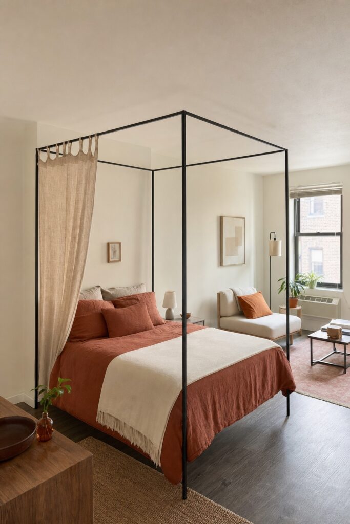 Slim black four-poster canopy frame around a bed in a studio apartment with one sheer panel on the door side