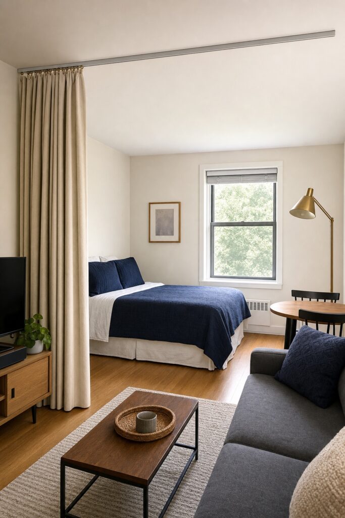 Ceiling-mounted curtain track across a studio with the curtain gathered open beside the bed