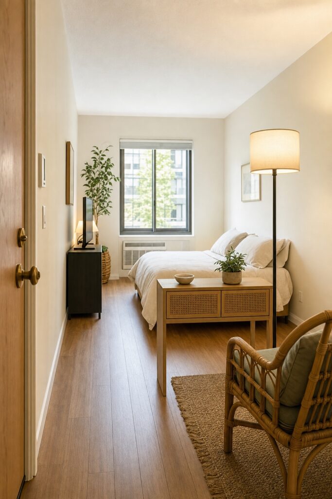 Narrow console table and a tall floor lamp marking the line between the bed and the living area in a studio