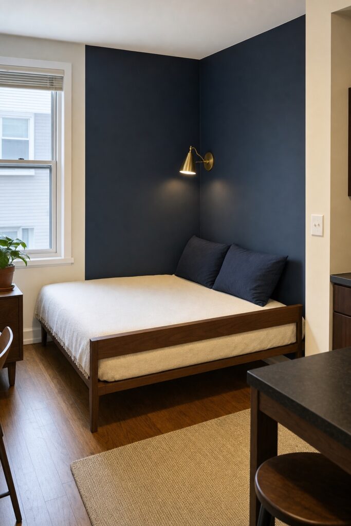 Studio bed tucked into a corner with a low wooden rail along its open long side and visible legs beneath the frame