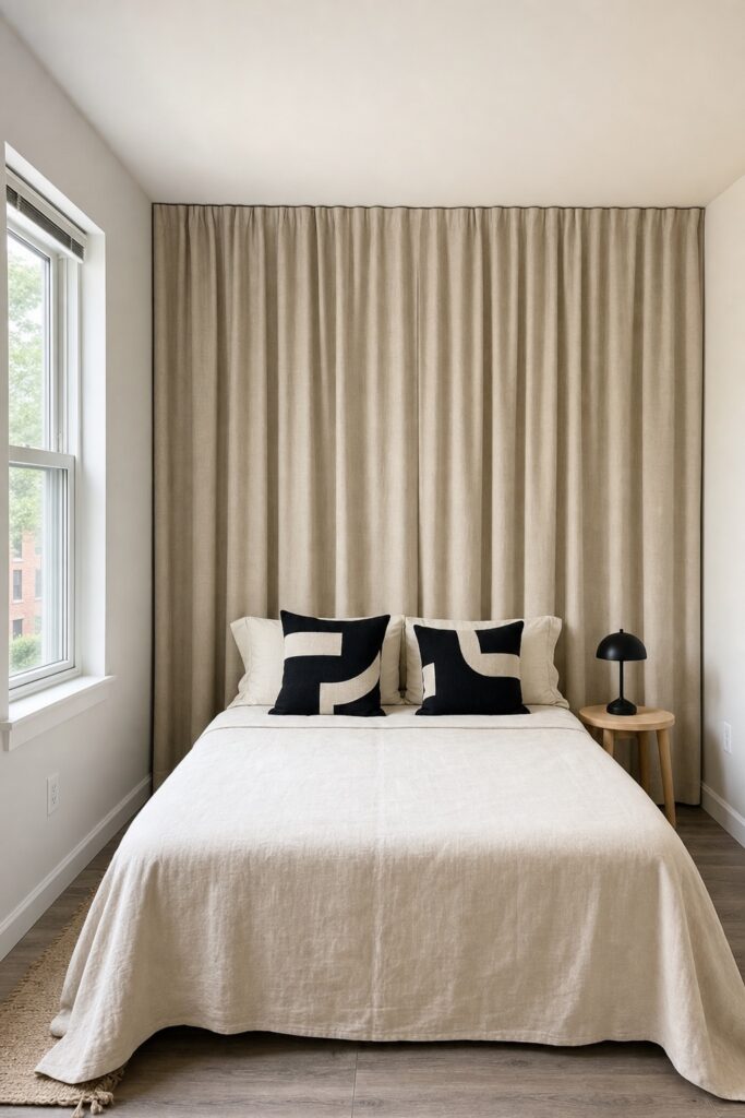Floor-to-ceiling curtain covering the entire wall behind a studio bed in one flat color