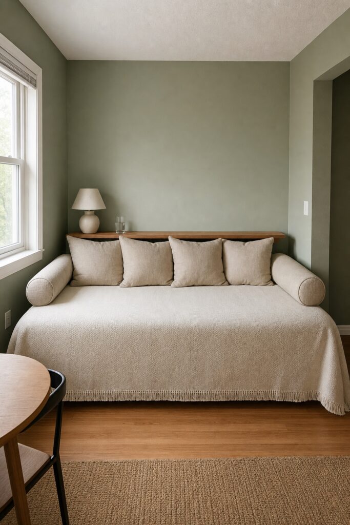 Studio bed styled with a firm bolster cushion at each end and pillows along the back like a sofa