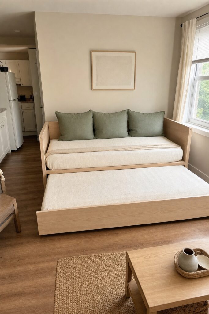 Daybed in a studio with its trundle pulled halfway out and raised to the same height as the main mattress