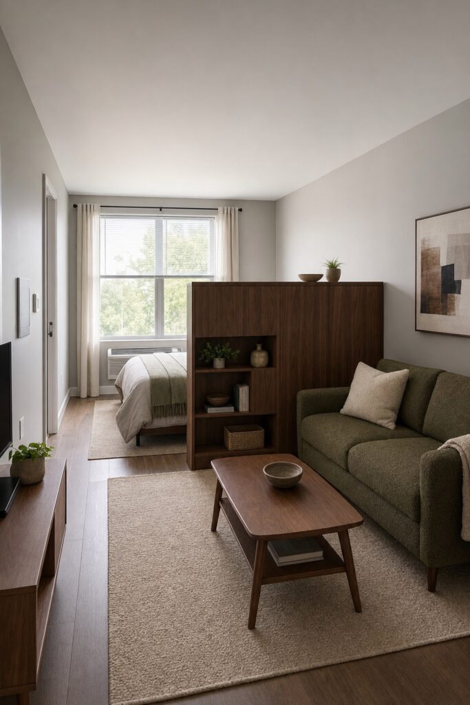 Studio apartment with a waist-height divider between the bed and the living area so the ceiling runs unbroken