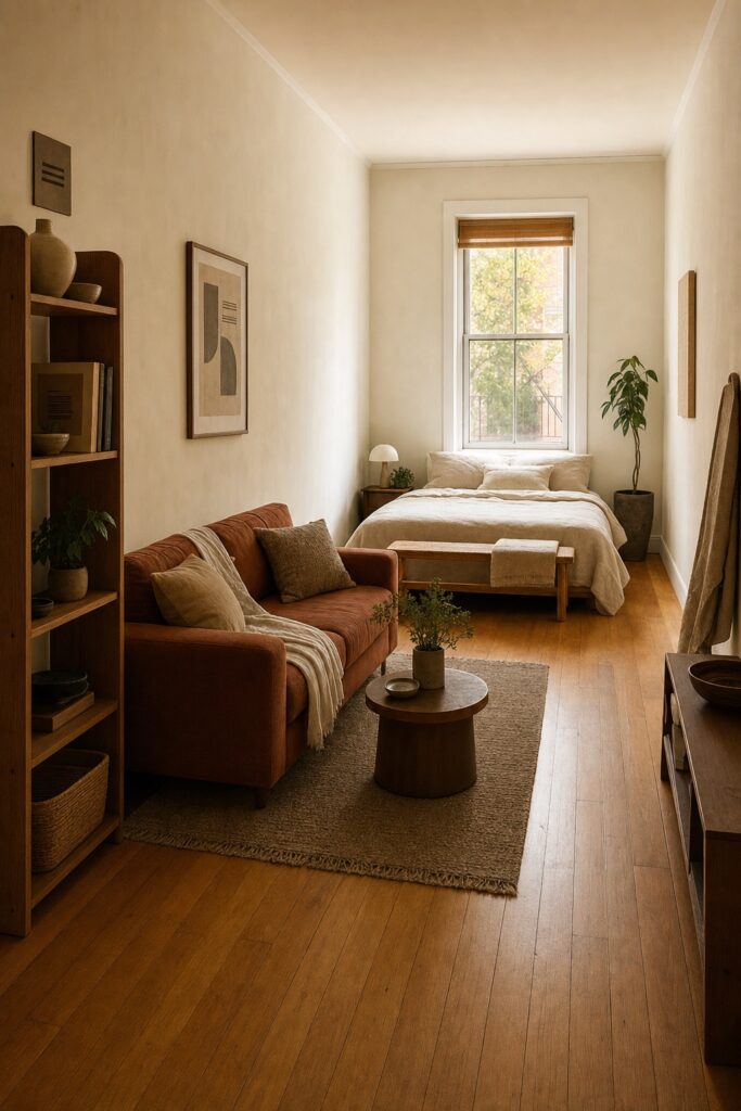Finished studio layout with the bed at the far end, seating in the middle and a clear route through the room