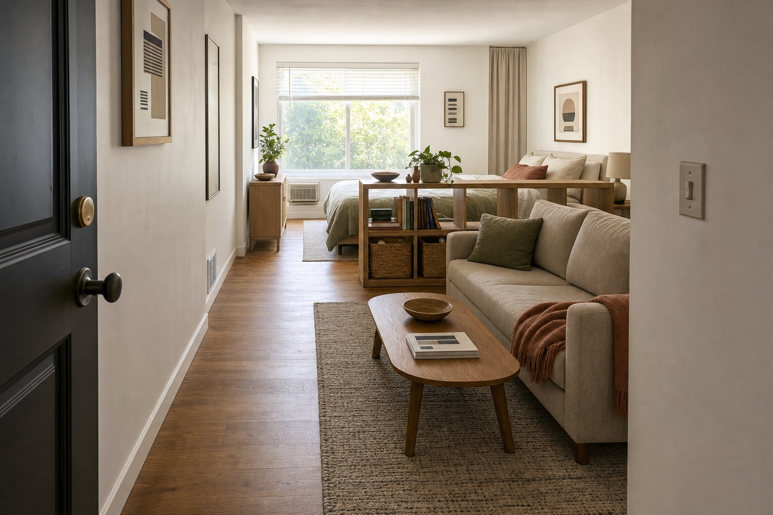 Studio apartment seen from the front door with a sofa and rug in the foreground and the bed screened behind an open shelf unit