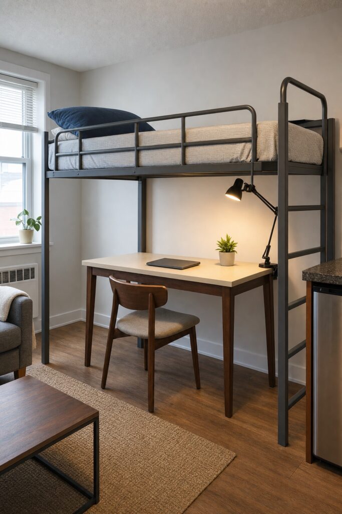 Loft bed in a studio with a desk underneath lit by its own clamp lamp and one open side
