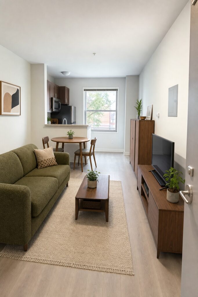 Studio apartment in daytime with no bed visible, only a sofa rug and small dining table
