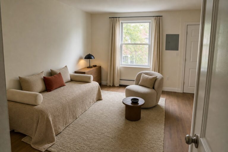 Studio apartment where the bed sits lengthwise against the wall styled as seating and the living area has its own rug