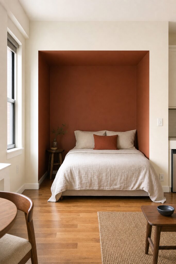 Studio alcove painted deep clay including its ceiling with the surrounding room left pale
