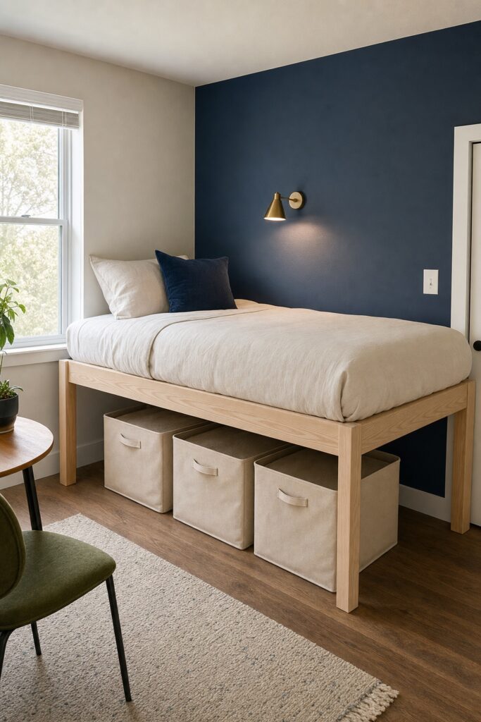 Studio bed raised to sitting height with three matching storage bins lined up underneath