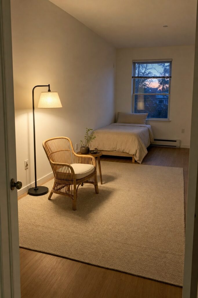 Sparse studio apartment with one large rug under the seating and one warm floor lamp switched on
