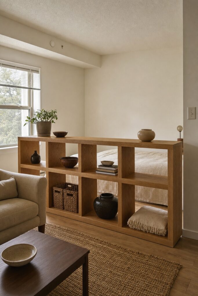 Low wide open shelf unit dividing a studio with heavy items on the bottom shelf and open gaps above