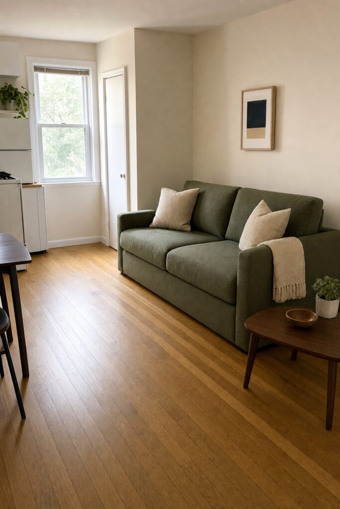 Deep comfortable sofa bed in a studio in sofa mode with clear floor in front of it