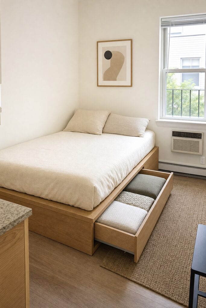 Studio bed on a low storage platform with a wide drawer open on the accessible long side