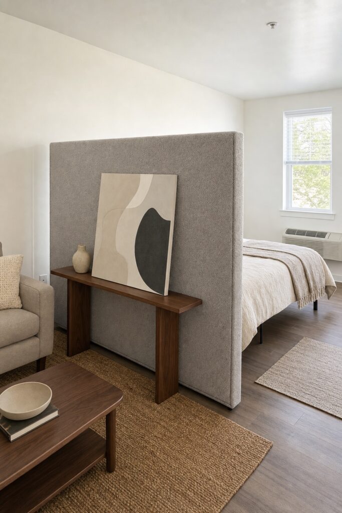 Tall upholstered headboard facing into a studio living area with the bed floating behind it