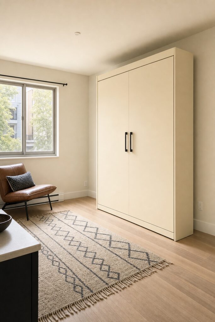 Closed wall bed cabinet in a studio standing against the wall with the room open in front of it