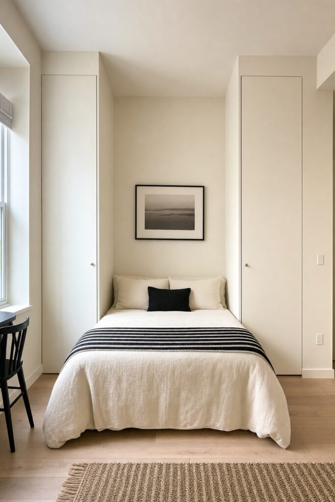 Two matching wardrobes standing either side of a studio bed niche painted to match the wall