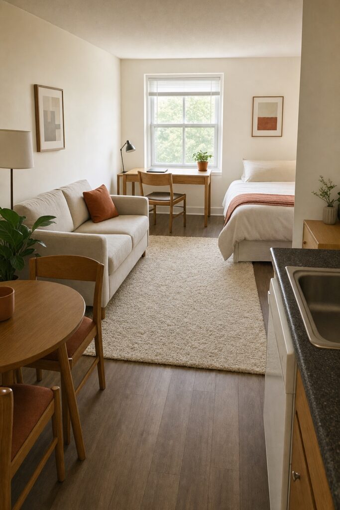 Studio apartment showing seating away from the bed a desk at the window and a small table beside the kitchen counter