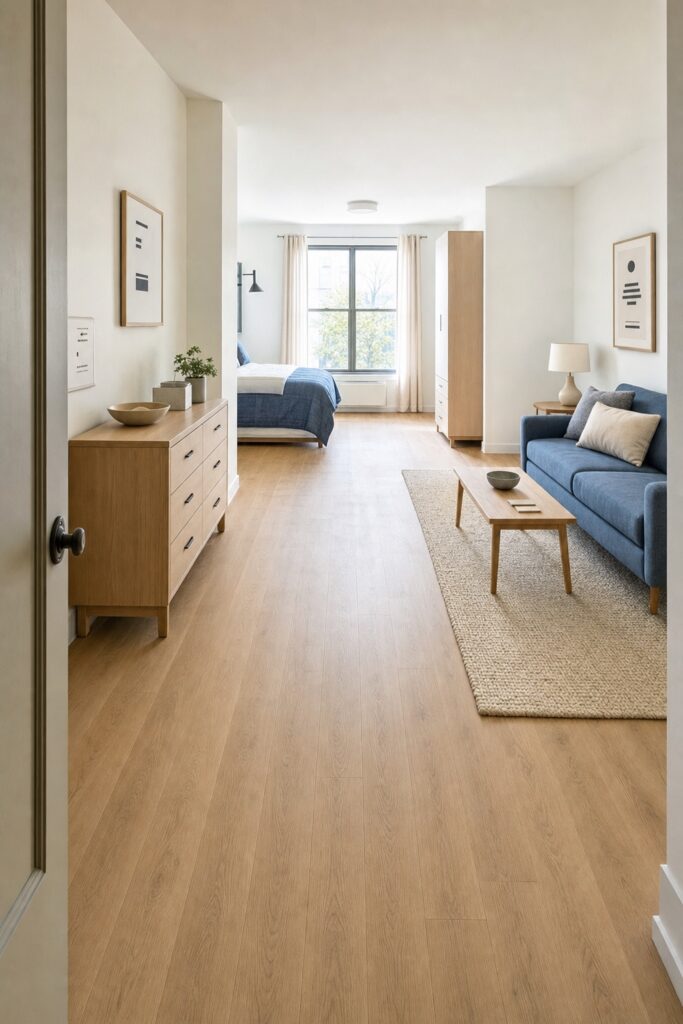Unobstructed walking path running from a studio's front door past furniture to the window