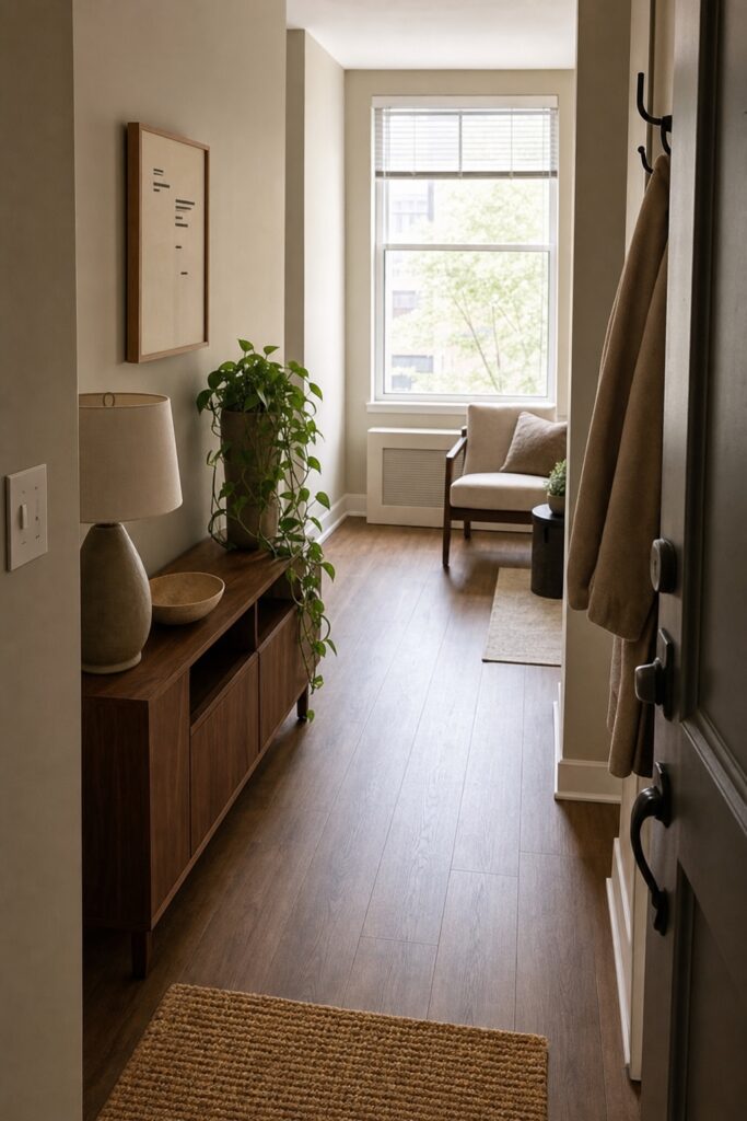 View from just inside a studio's front door showing a low console with a plant and the window beyond, with no bed visible
