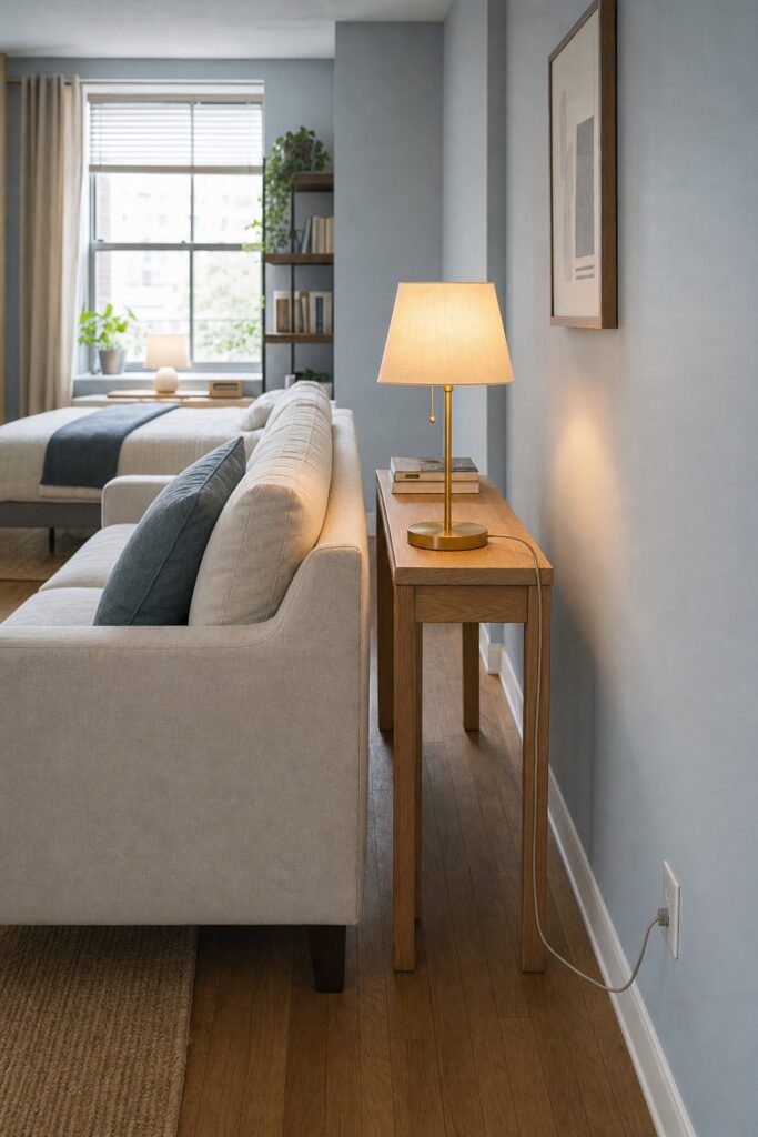 Sofa floating away from the wall with a narrow console behind it carrying a lamp, and its cord running neatly to the wall outlet