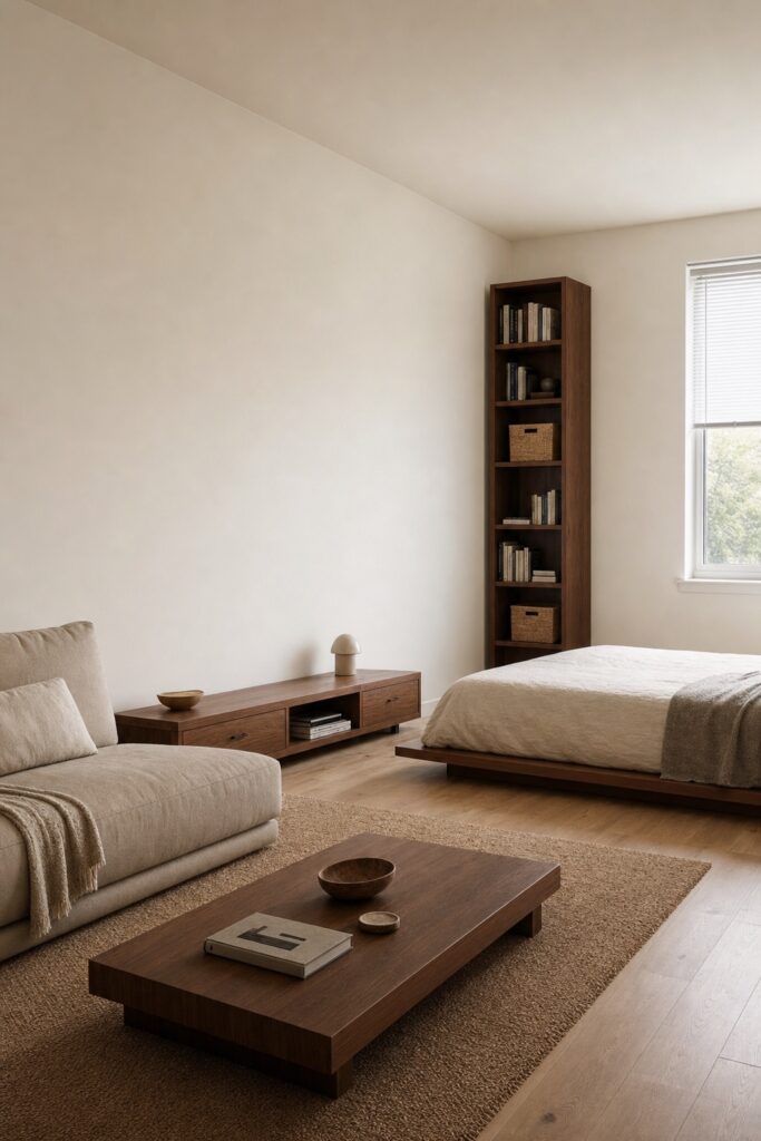 Studio with low sofa, low bed and low console leaving open wall above, and a single tall bookcase in the far corner