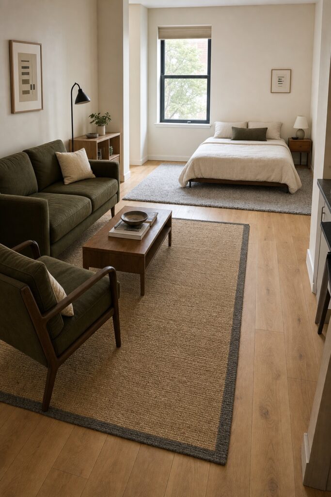Studio with a large flatweave rug under the seating and a separate softer rug extending past both sides of the bed