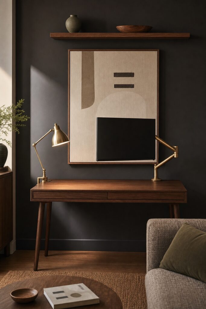 A desk corner against a charcoal wall with framed abstract art, a brass clamp lamp and a monitor on an arm