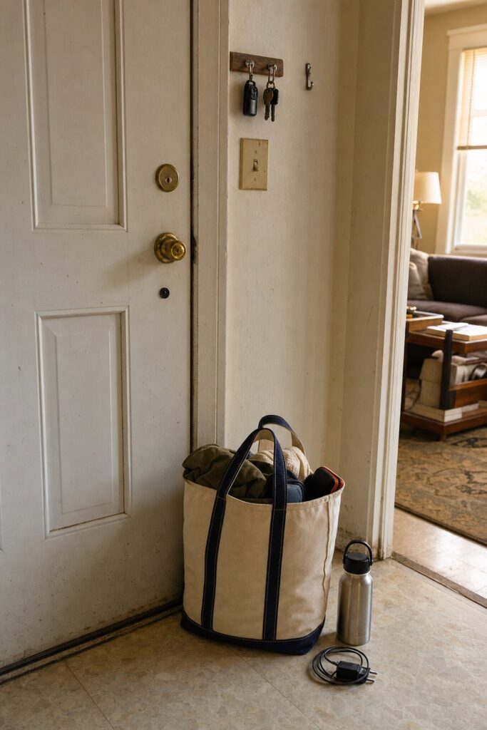 Packed canvas bag standing upright by a front door with a water bottle and a coiled charger beside it