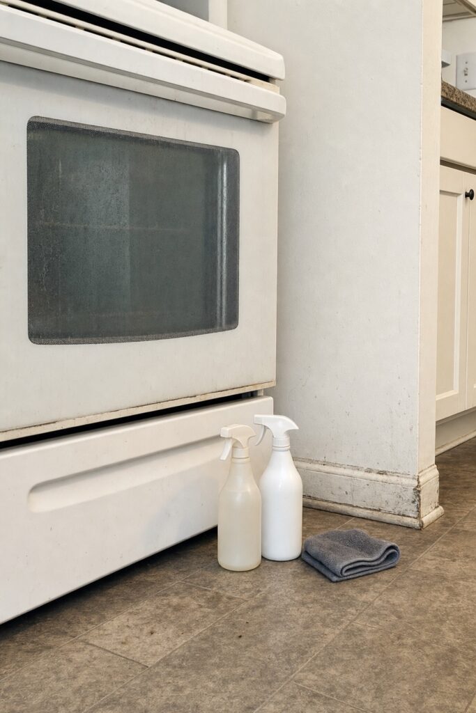 Oven and baseboard area left untouched with cleaning supplies standing unopened beside them