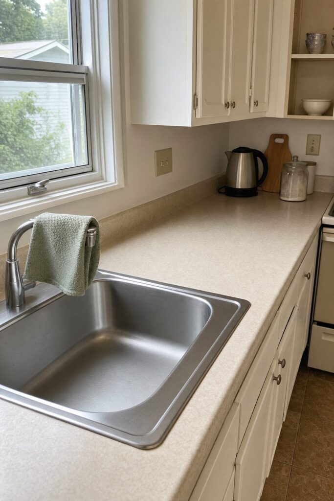 Completely empty kitchen sink beside one long clear stretch of counter in a small kitchen