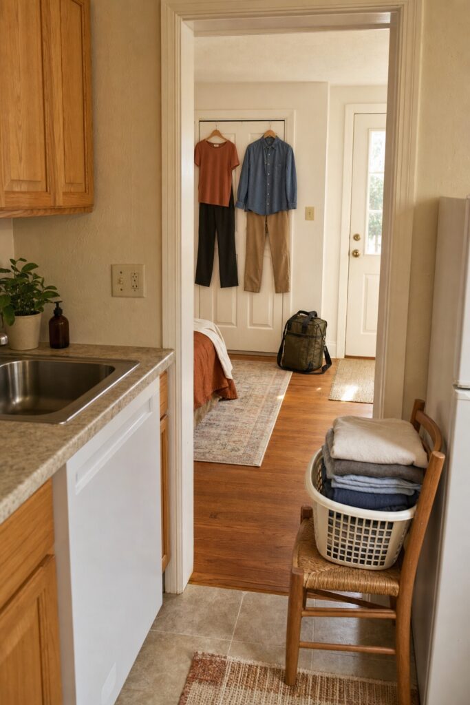 Small home showing an empty sink hung outfits a finished laundry basket a cleared bathroom counter and a packed bag