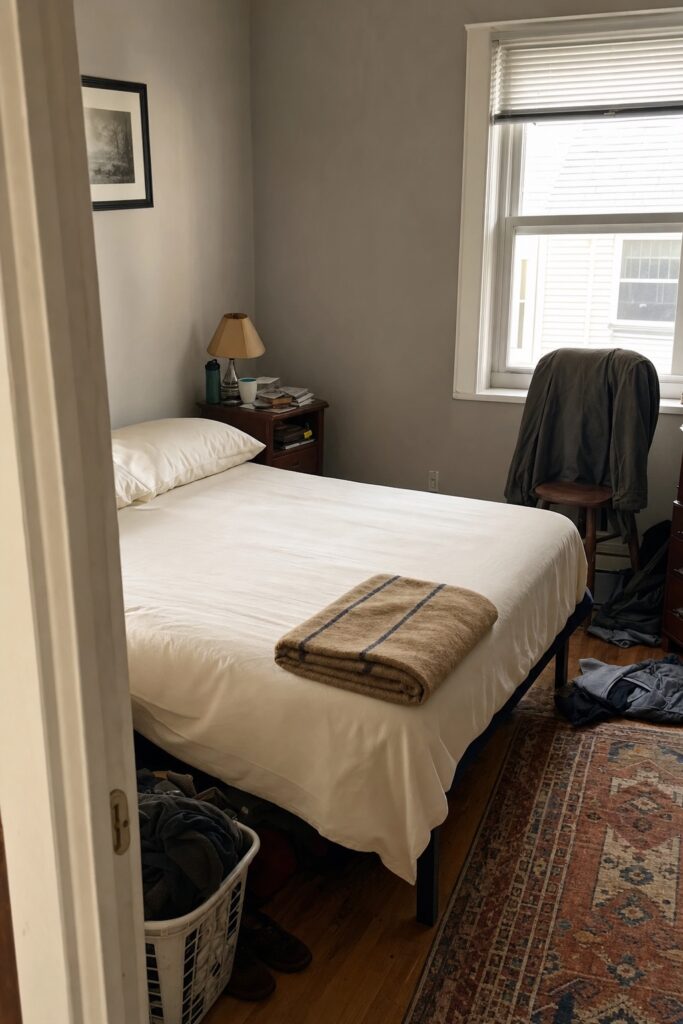 Bed with freshly changed cream sheets in a plain small bedroom with the rest of the room untouched
