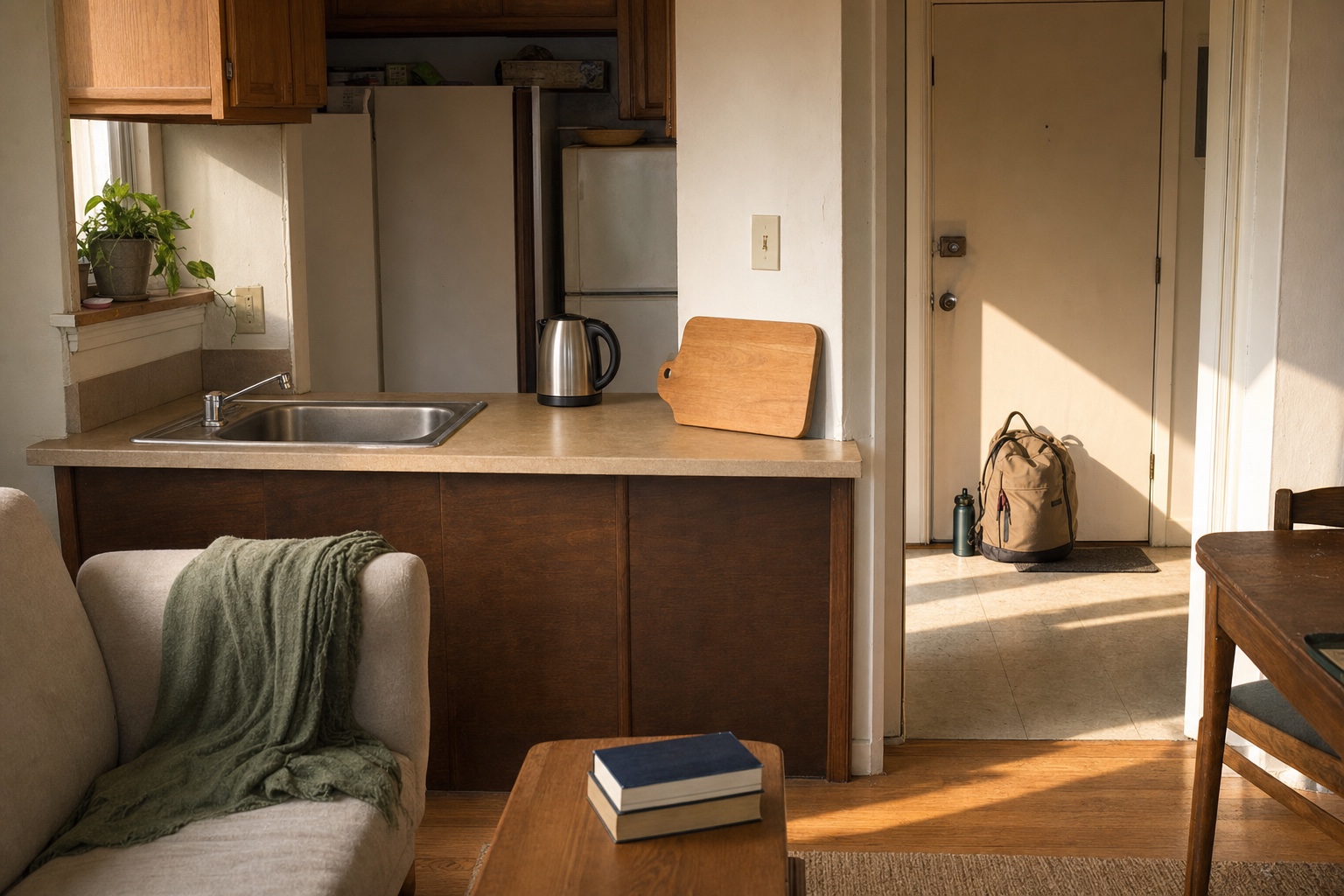 Small apartment kitchen and living corner on a Sunday afternoon with an empty sink one clear counter and a packed bag by the door