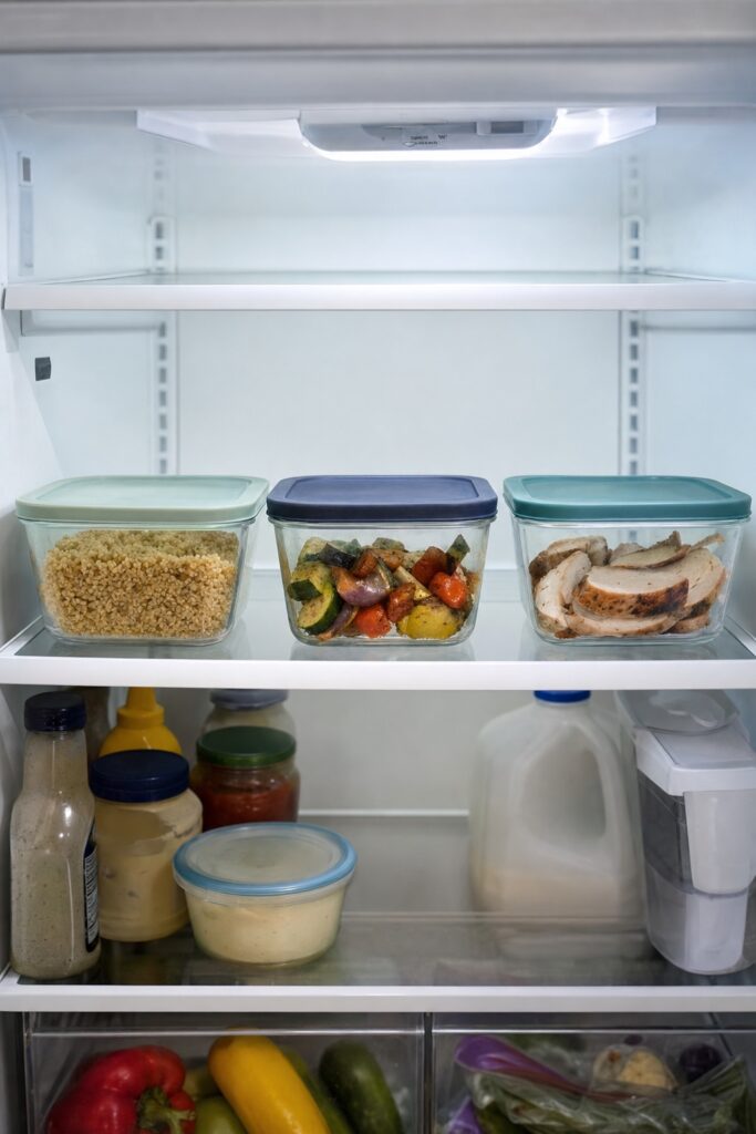 Three glass containers of prepped grain vegetables and protein on a small fridge shelf with space around them