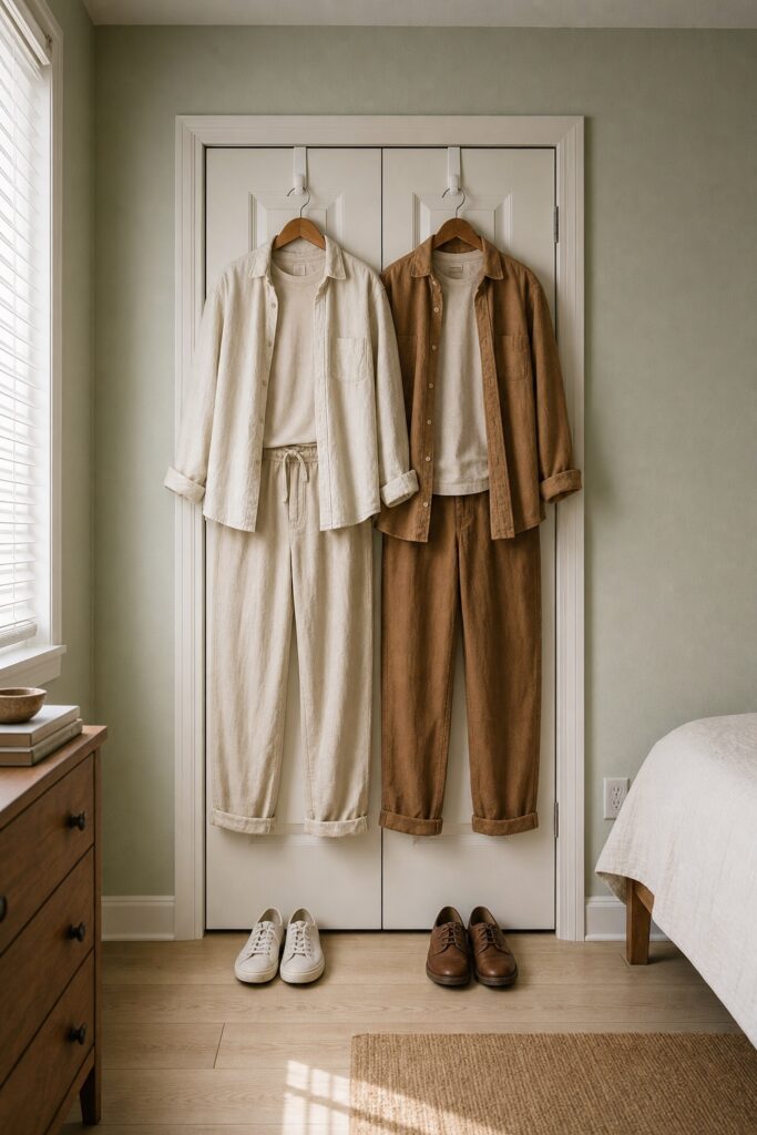 Two complete outfits including shoes hanging on the outside of a closet door in a small bedroom