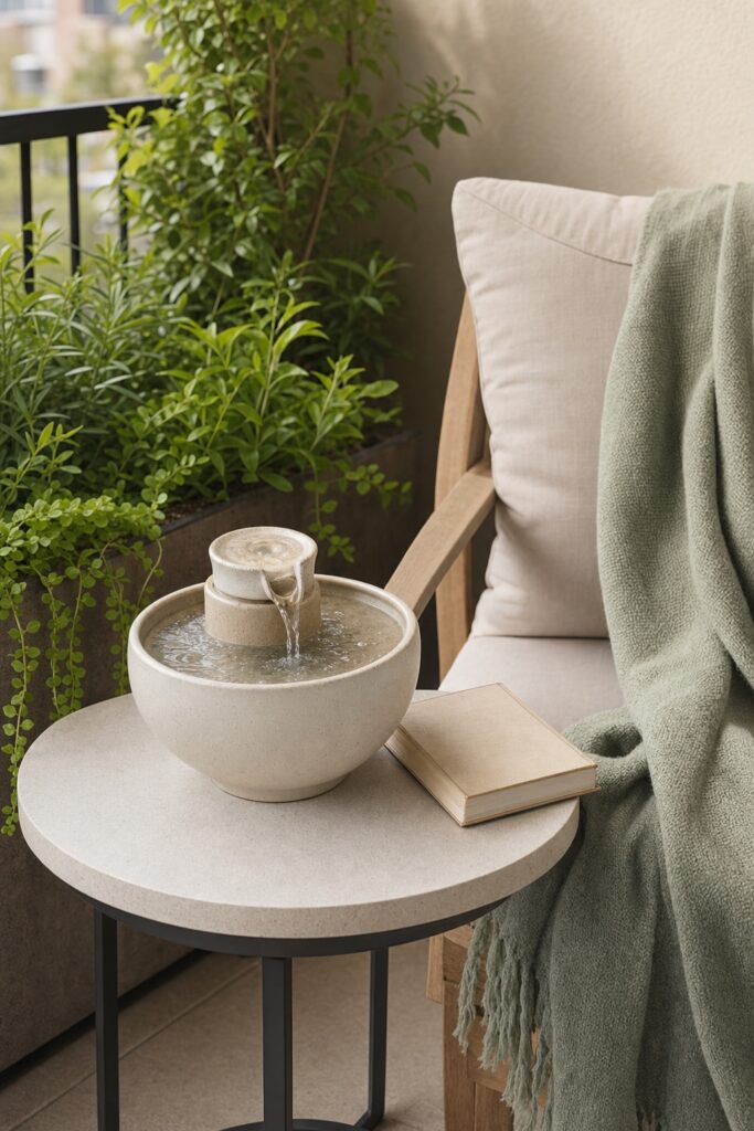 Small ceramic tabletop fountain on a patio side table next to a chair with a throw