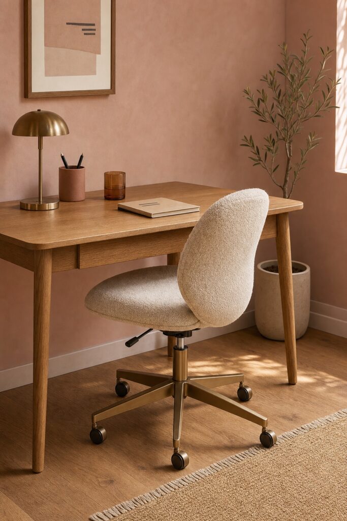 Adjustable task chair in warm boucle and wood tucked under a small desk in a living space