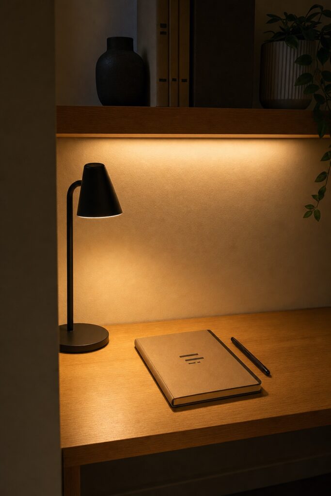 Warm task lamp on a desk beside a strip light mounted under the shelf above, lighting the surface at dusk