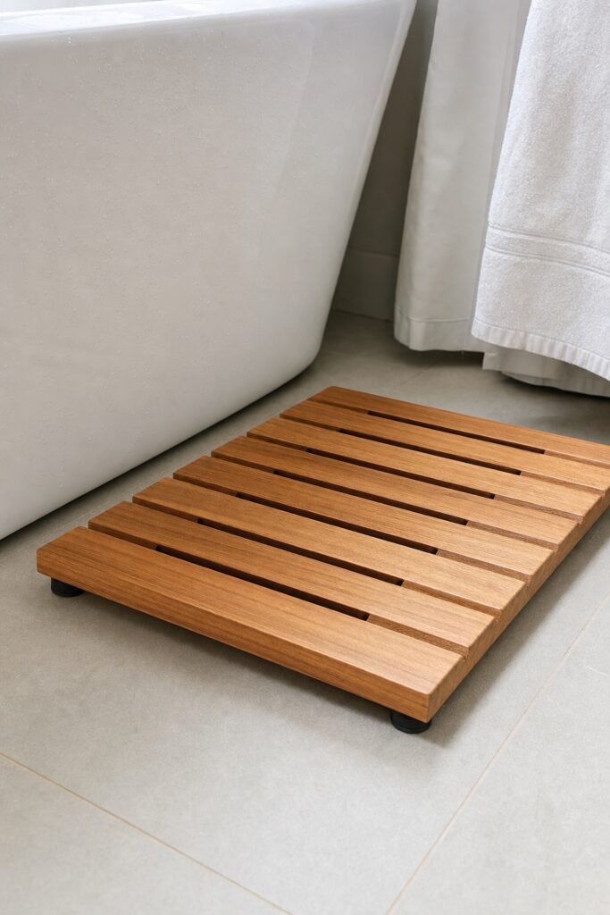 Slatted teak bath mat with rubber feet on tile beside a white bathtub