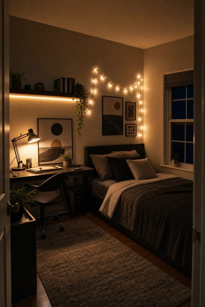 Small teen bedroom at night lit by layers: a soft LED glow under a shelf, a warm desk lamp, and string lights over the bed, with the ceiling light off.